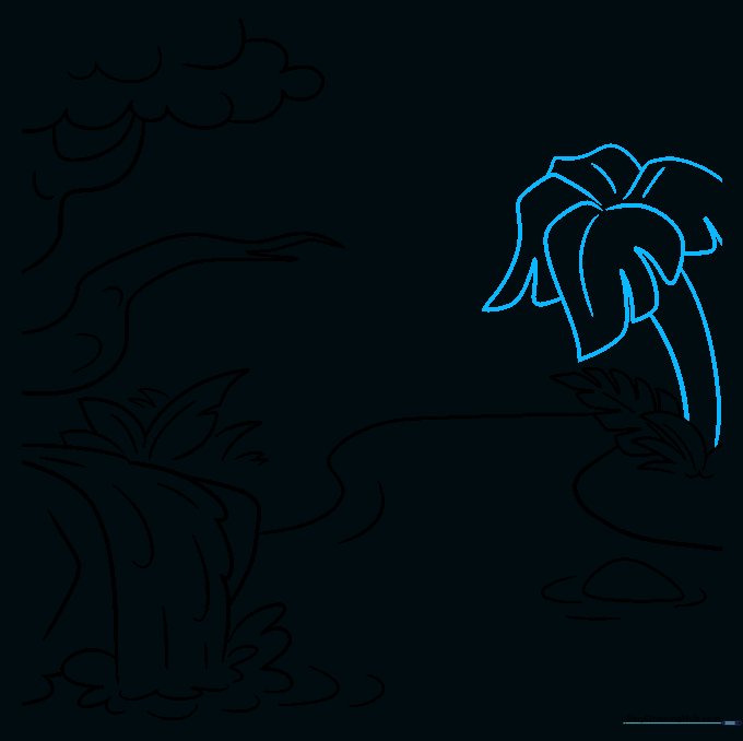 A palm tree with a tall trunk and wide, pointed leaves standing near the water.