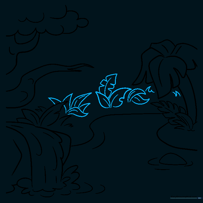 A variety of different leaf shapes filling the space between the two main trees.