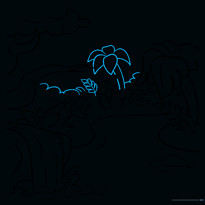 Distant trees and forest canopy added to the background to provide depth to the drawing.