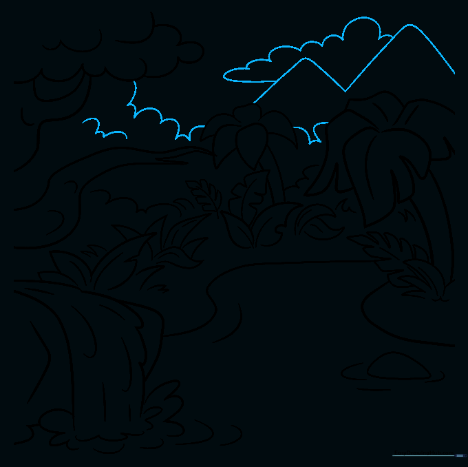 The completed outline including distant mountains and a single cloud in the sky.