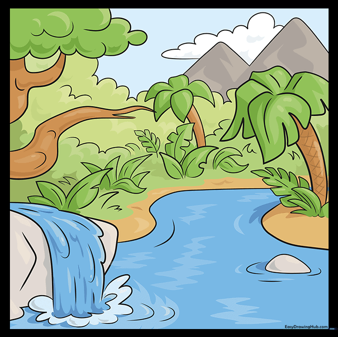 The fully colored jungle landscape with rich greens, blues, and browns.