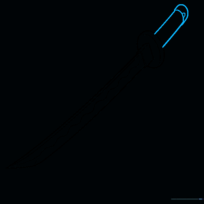 Sketching the sword handle with a rounded pommel at the base.