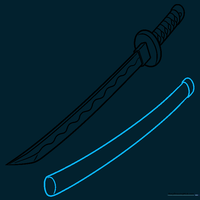Drawing the long, curved scabbard for the katana.
