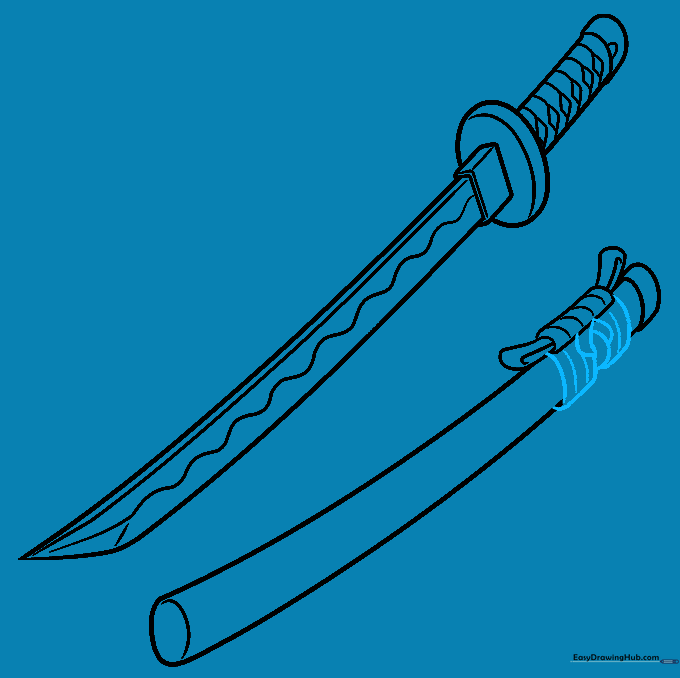 Drawing the final knot details on the scabbard cord.