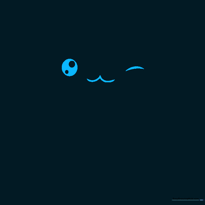 Close-up of a Kawaii cat face sketch showing circular eyes with highlights and a small W-shaped mouth.
