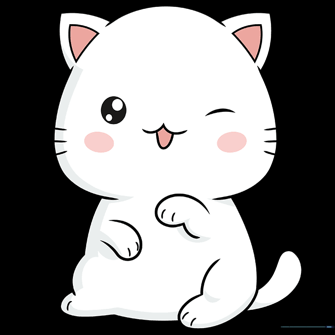 Final colored Kawaii cat drawing with pink cheeks and soft shading.