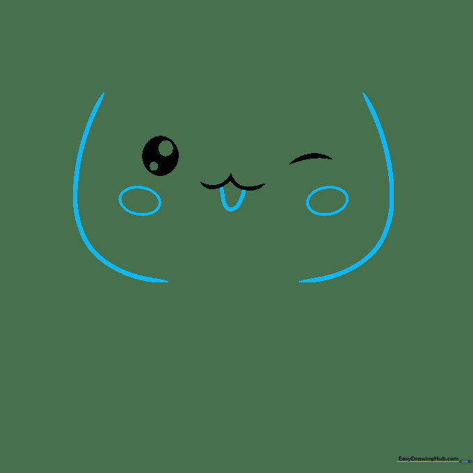 Drawing the outline of a cat's head with added oval shapes for rosy cheeks.