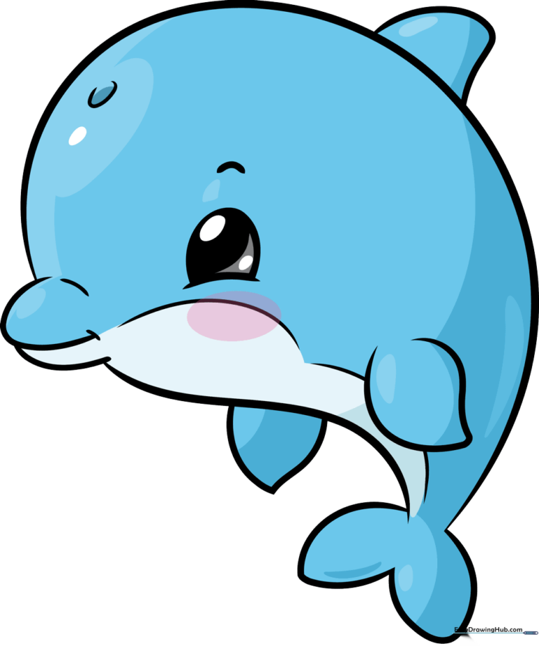A vibrant, finished kawaii dolphin illustration, perfect for kids to use as a reference.