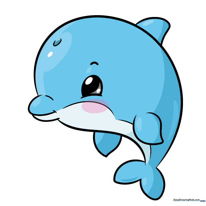 The final colored kawaii dolphin drawing with blush and soft shading.