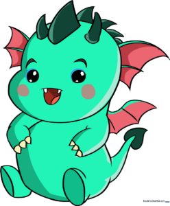 A colorful, finished Kawaii dragon illustration with a friendly expression.