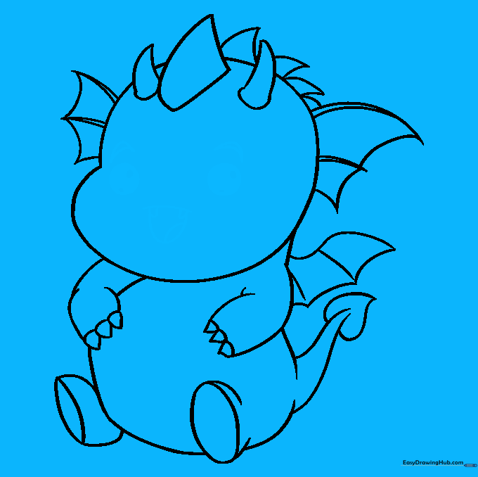Detailed dragon face with large, cute eyes, eyebrows, and a smiling mouth.