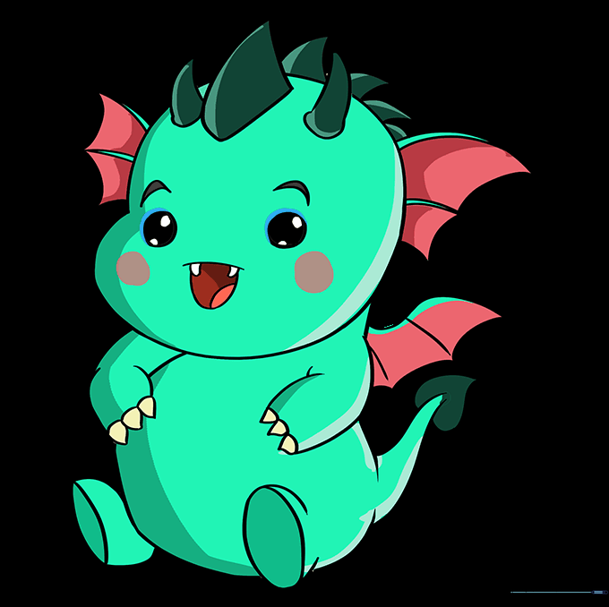 The completed Kawaii dragon drawing, ready for coloring.