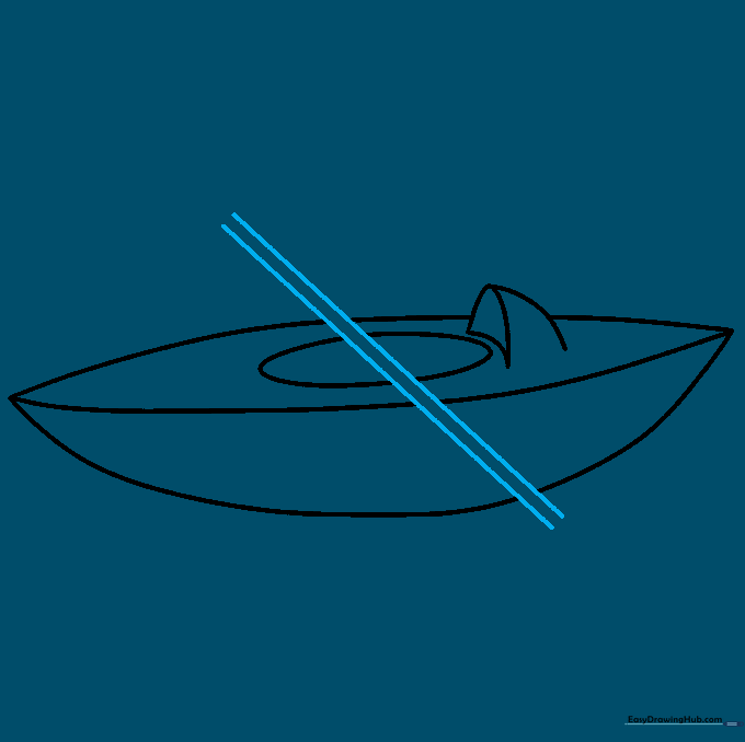 Two parallel lines are drawn across the kayak to represent the handle of a paddle.