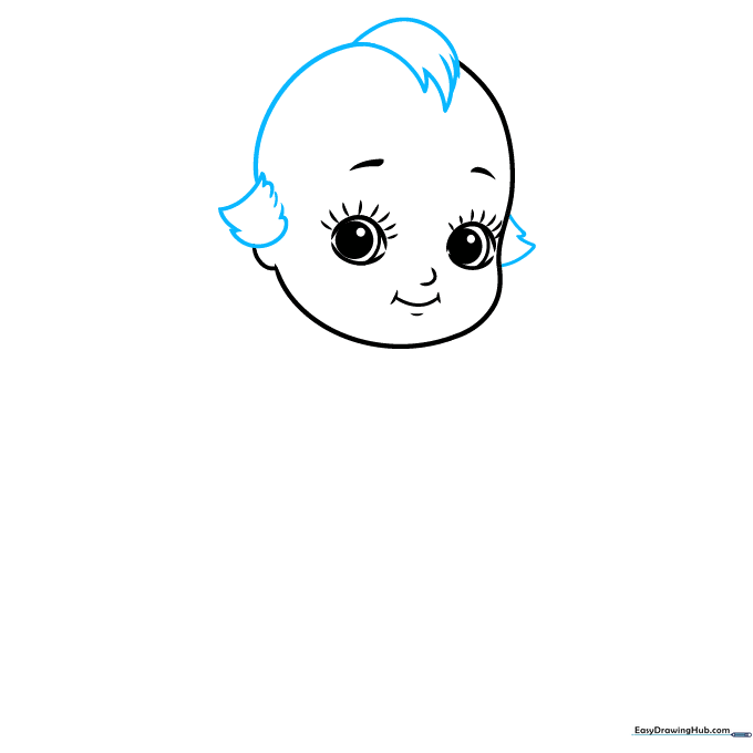 Drawing the Kewpie doll's hair tufts on top of the head.