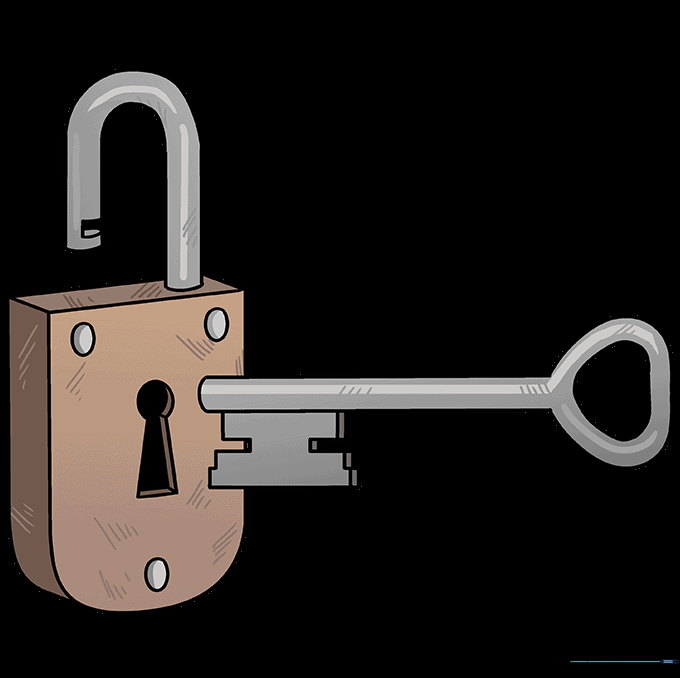 The completed, colored drawing of a padlock and a key.