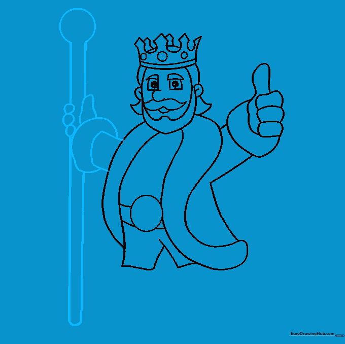 Drawing the second arm and the royal scepter held by the king.