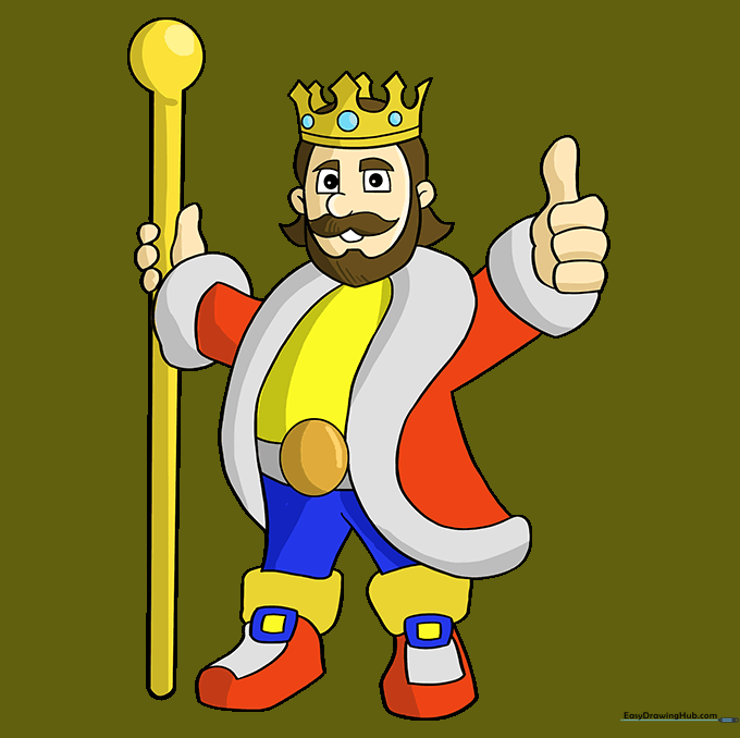 The finished, colored cartoon king drawing.