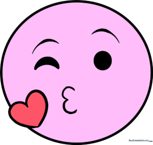 A completed, colorful kiss emoji drawing showing a winking face blowing a heart, set against a clean background.