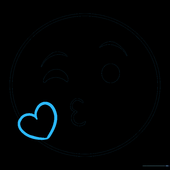 A heart shape drawn next to the emoji's mouth with internal guide lines erased.