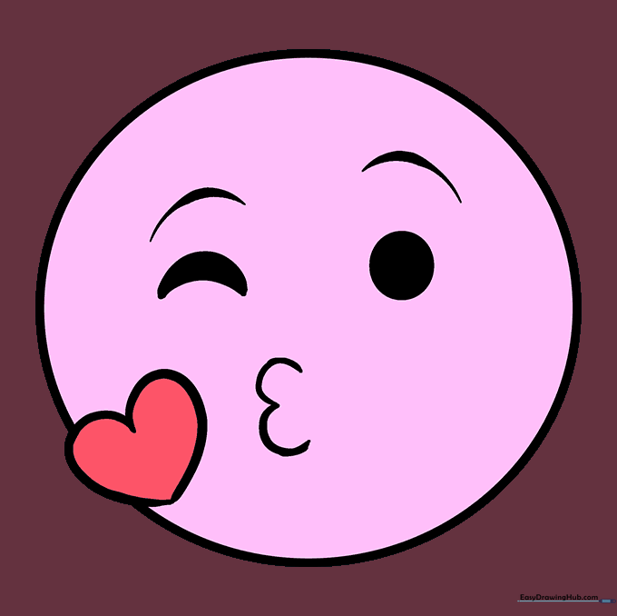 The finished kiss emoji drawing, fully colored with a yellow face and a vibrant pink heart.