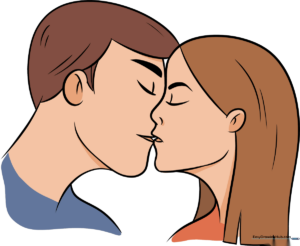 A colorful, finished drawing of two cartoon characters sharing a kiss.
