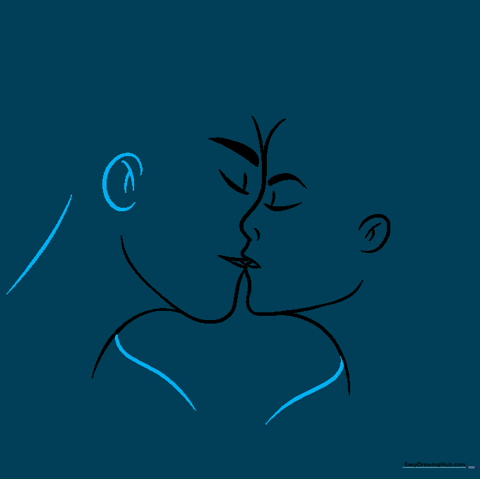 The drawing now includes shoulder lines and the male character's ear.