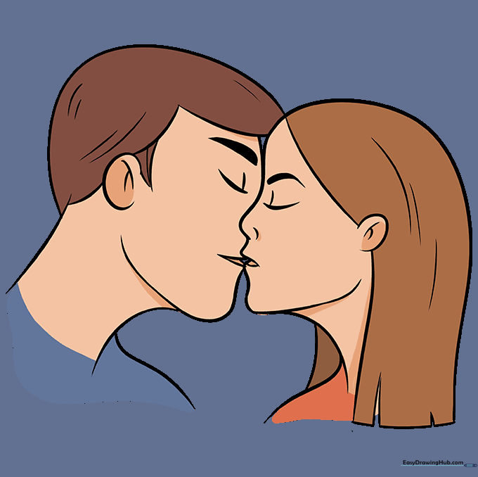 The finished, colored illustration of two people kissing.