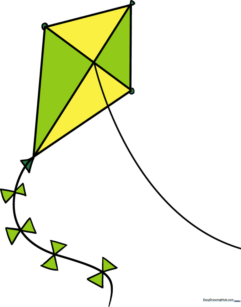 A colorful, finished kite illustration flying in the sky.