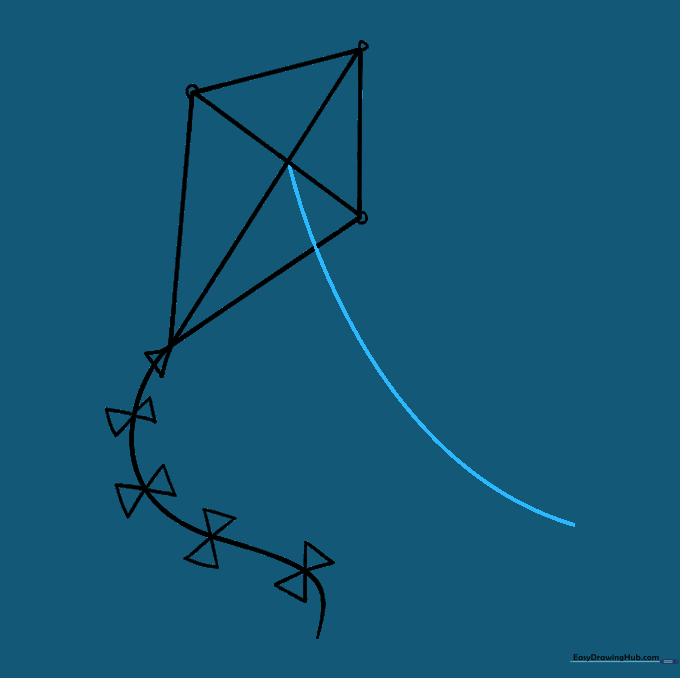 Kite with a long control string extending from the center of the frame.