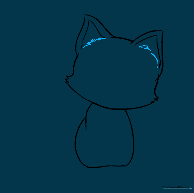 Kitten head with guide lines erased and textured fur added inside the ears.