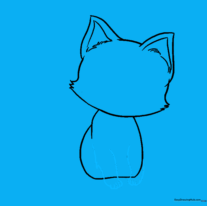 Front legs and paws drawn with U-shaped toes on the kitten's body.