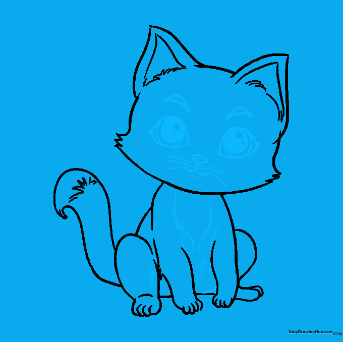 Detailed kitten face with eyes, nose, mouth, and long whiskers added.
