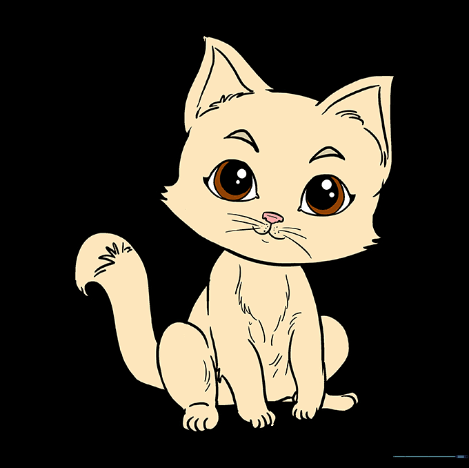 Finished, colored drawing of a cute kitten with fur texture and expressive eyes.