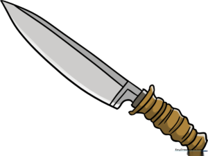 A completed, colored drawing of a classic drop-point knife.