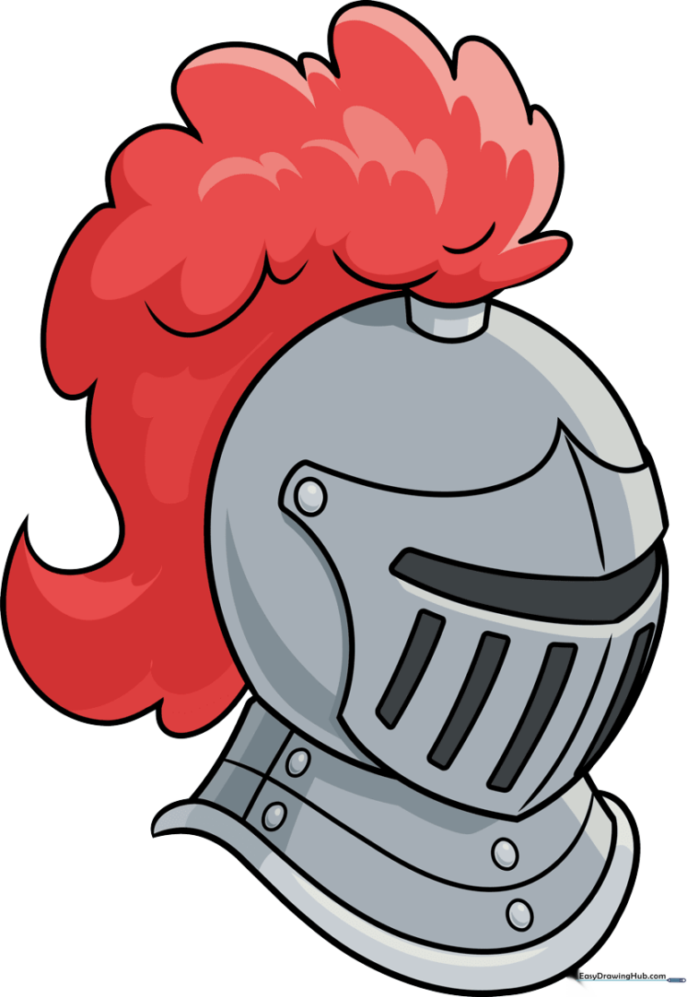 A vibrant, finished illustration of a medieval knight helmet with a flowing plume.