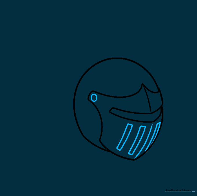 Detailing the helmet with diagonal vent rectangles and a circular hinge bolt.