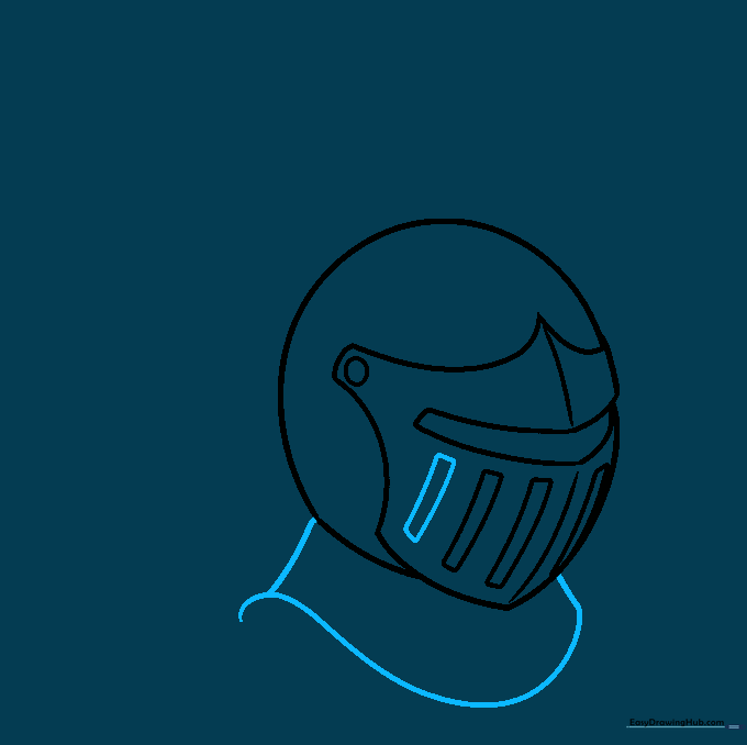 Sketching the gorget neck guard using smooth, overlapping curved lines.