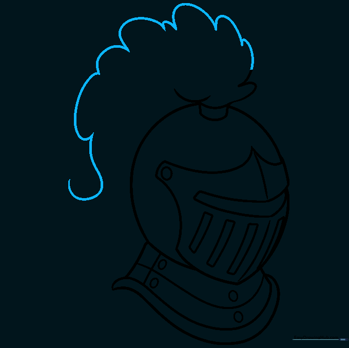 Drawing a fluffy plume on the helmet using varied U-shaped lines.