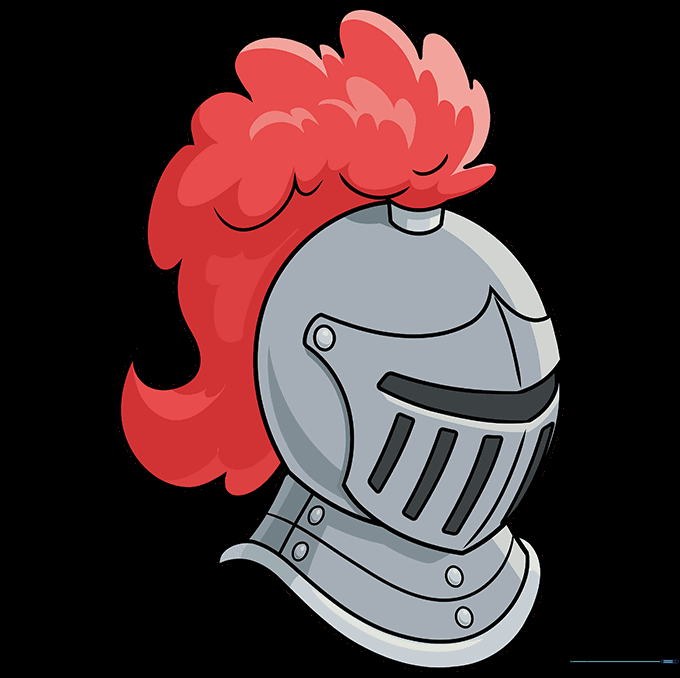 A fully colored cartoon knight helmet with silver armor and a vibrant red plume.