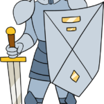 A colorful, finished illustration of a knight standing with a shield and sword.