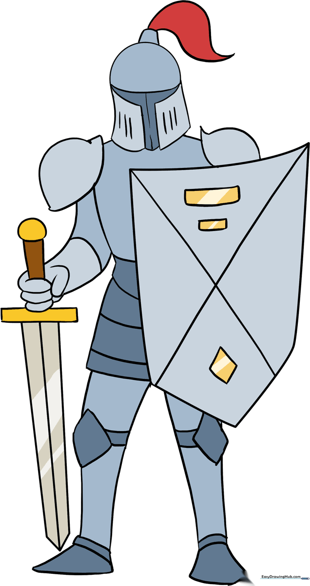 A colorful, finished illustration of a knight standing with a shield and sword.