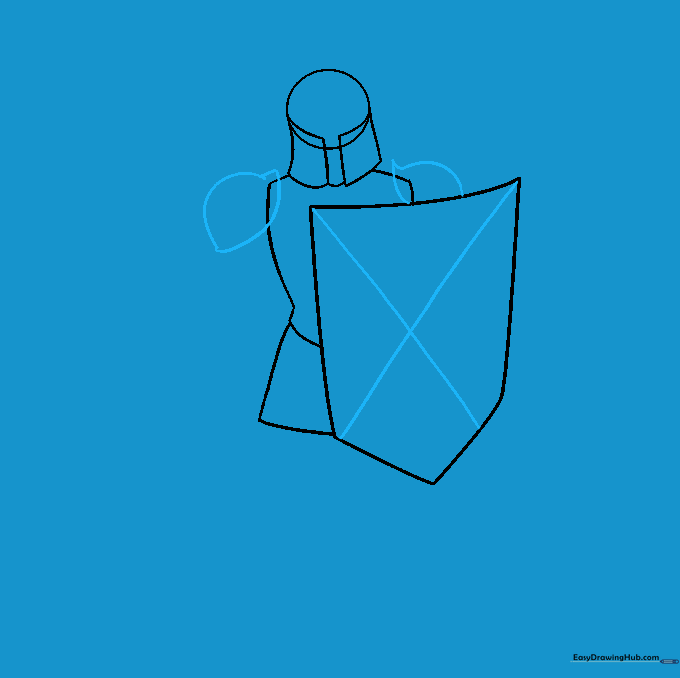 Adding decorative diagonal lines to the shield and rounded shoulder armor.