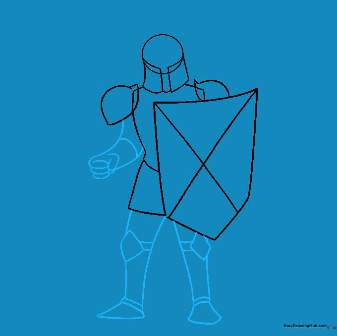 Detailed sketch of the knight's arms, gauntlets, and armored legs.