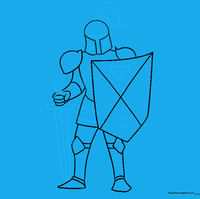 Adding a sword and detailed visor lines to the knight's helmet.