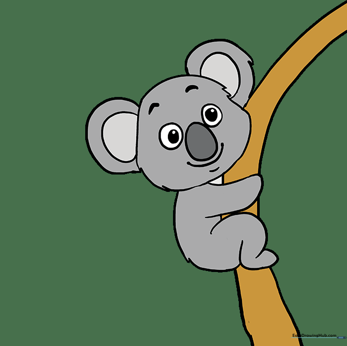 The finished koala drawing colored in shades of grey.