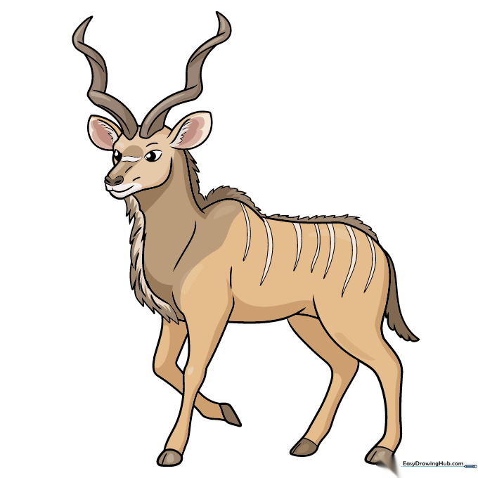 Fully colored cartoon kudu with tan fur and characteristic white stripes.