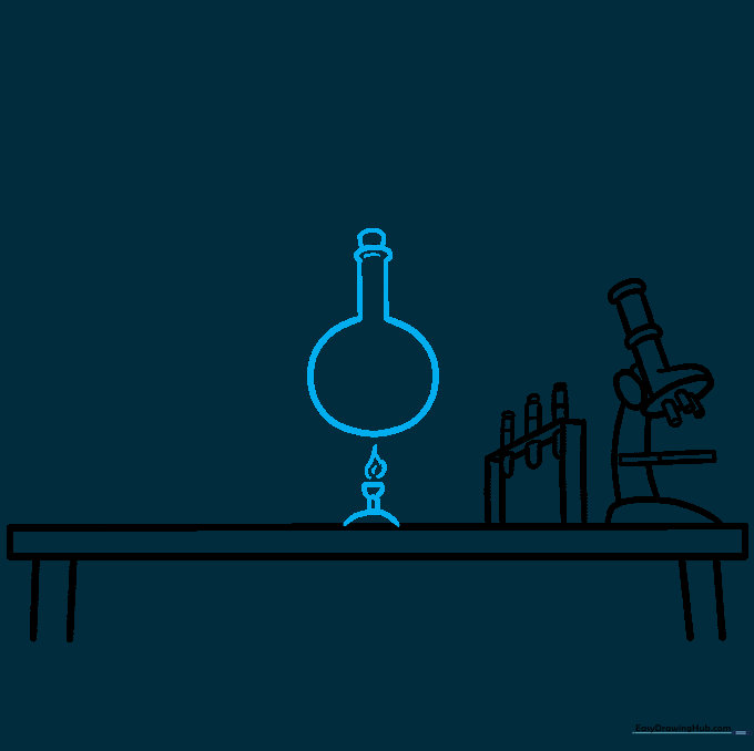 Drawing a volumetric flask over a Bunsen burner with a flame