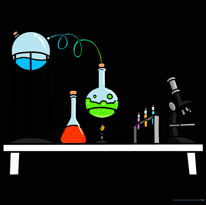 A fully colored cartoon laboratory scene with bright chemicals