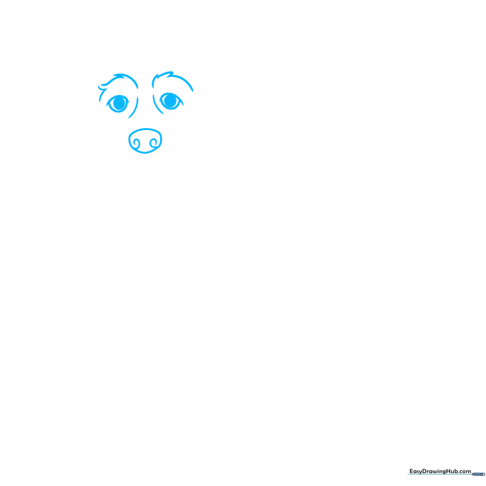Close-up of a hand-drawn Labradoodle face showing eyes, nose, and snout structure.