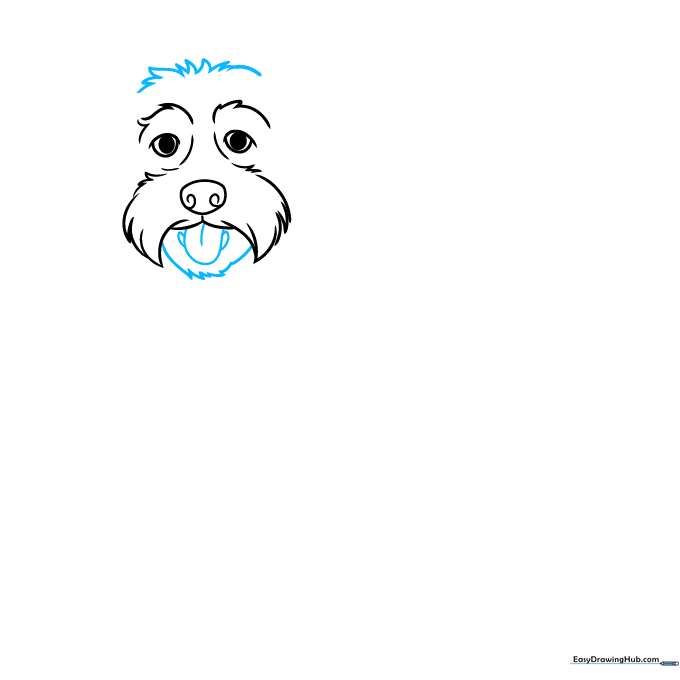Adding a happy, panting mouth with tongue and teeth to the Labradoodle drawing.